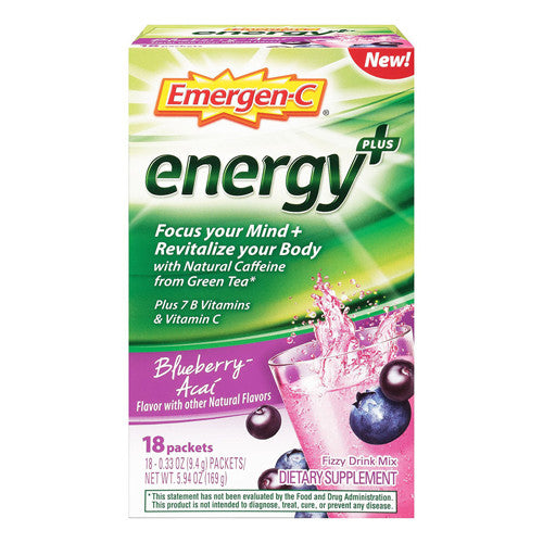 Emergen-C Energy Plus Drink Mix Packets, Blueberry-Acai Flavor, 18 Ea
